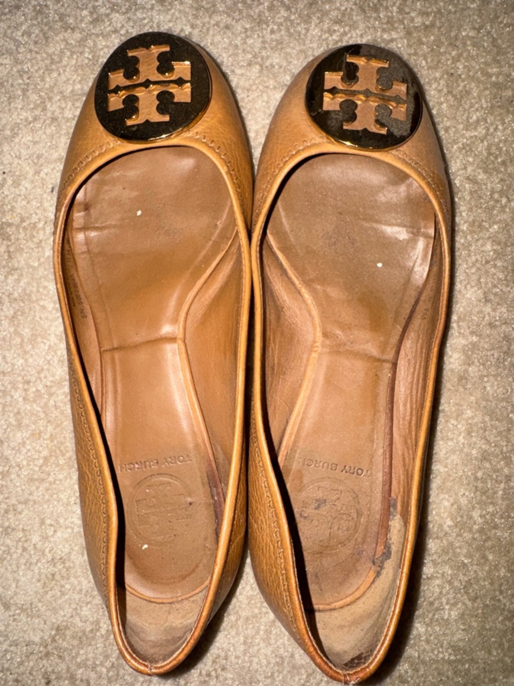 Tory Burch Cognac Leather Logo Round-Toe Flats